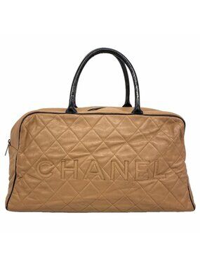 Chanel Boston Bag Quilted Caviar Leather Brown Black Silver